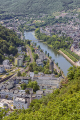 View of the Lahn river running through Bad Ems from the Concordia tower high above the Lahn river