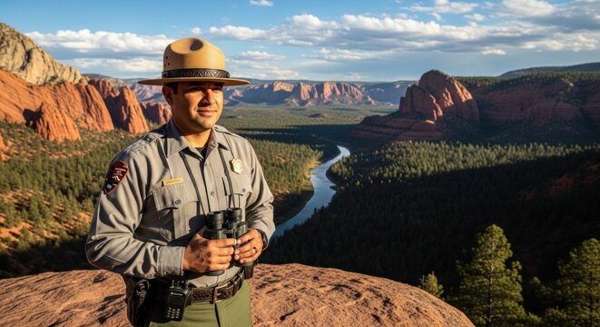 A park ranger stands on a rocky outcrop overlooking a vast, red-rock canyon landscape with a river winding through it.