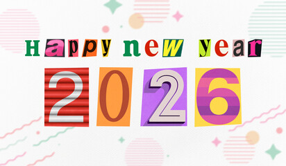 Art collage style new year celebration, Happy new year 2026, Vibrant colors and fun designs, Retro 2026 card