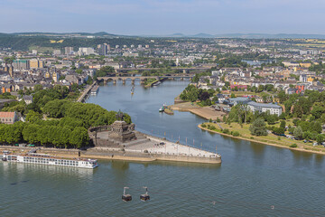 View of Koblenz with the confluence of the Rhine and the Mosel, seen from the east bank of the Rhine