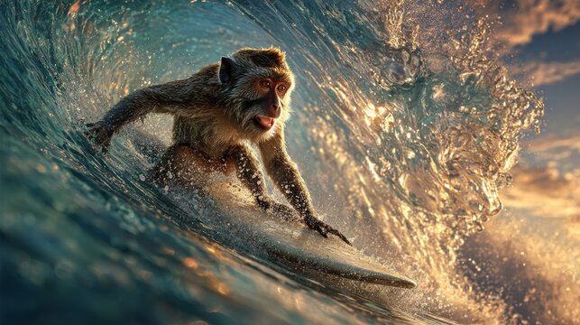 A monkey expertly surfs a crashing wave, backlit by golden sunlight as it barrels down. Dramatic and action-filled shot