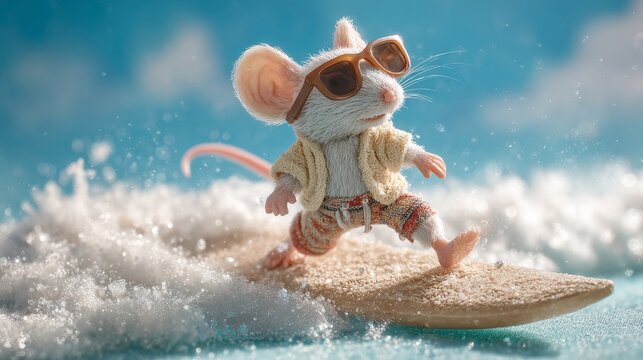 A tiny mouse, wearing sunglasses and beach attire, surfs a wave. It is a whimsical, miniature scene against a blue sky