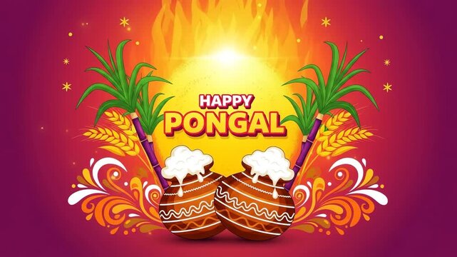 Vibrant happy pongal celebration with traditional pots, sugarcane, and harvest symbols