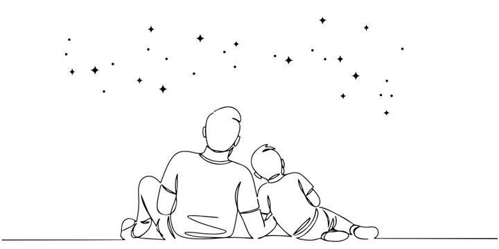 Continuous one line drawing of a father and son lying together looking at the stars, representing a reflective moment and emotional bond, father's day celebration, line art style vector illustration.