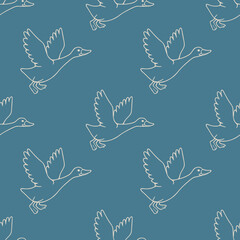 Seamless vector pattern of stylized flying geese with cream outlines on a muted teal background, evoking a sense of calm migration.