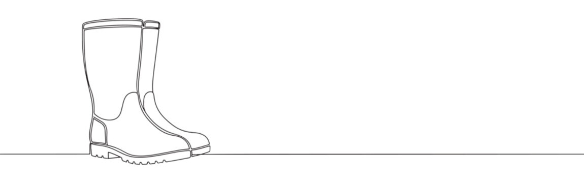 Continuous one line drawing of rubber boots. Vector illustration of rain wellies or gardening footwear isolated on white background. Minimalist autumn concept