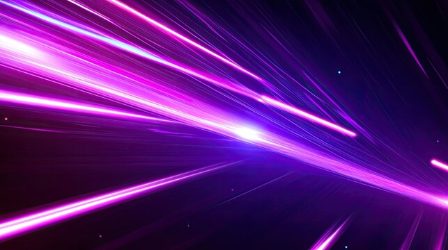 Abstract purple and magenta speed lines creating a dynamic data stream or futuristic energy flow, illuminating a dark background with vibrant light trails and small bright particles - Powered by Adobe