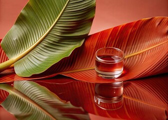 Close up of Vibrant Banana Leaves With Glass of Liquid on Reflective Surface