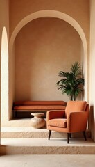 Terracotta armchair on steps, stucco wall, Japandi minimalist living room , interior, architecture, spacious