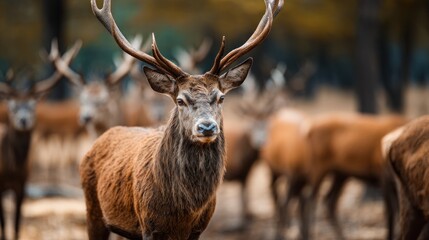 Fototapeta premium Majestic stag portrait amidst a fall woodland setting with his herd
