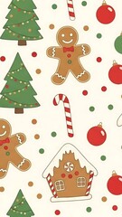 Fototapeta premium Festive Christmas Pattern with Gingerbread and Ornaments.