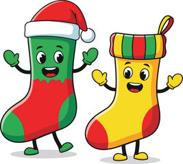 Cartoon Christmas Stocking Mascot Characters Waving
