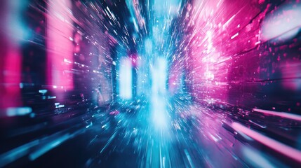 Abstract digital tunnel projecting vibrant blue and magenta light streaks, representing fast data transmission, network connection, and advanced technology in a high speed environment