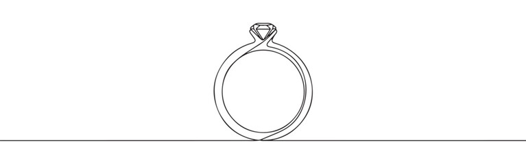 Continuous one line drawing of a diamond ring. Vector illustration of wedding or engagement jewelry isolated on white background. Minimalist love concept