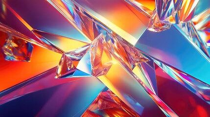 Abstract background structure showing many faceted glass elements refracting and reflecting a bright, colorful light spectrum, creating dynamic geometric patterns and vivid gradients