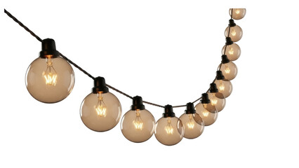 Isolated light string, glowing round bulbs suspended on wire, indoor or outdoor decoration
