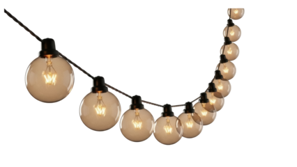 Isolated light string, glowing round bulbs suspended on wire, indoor or outdoor decoration