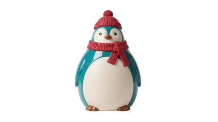 Isolated turquoise penguin figurine wearing a knit hat and scarf for seasonal decorations
