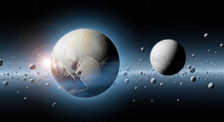 A planet with a moon orbiting around it, with a star in the background.