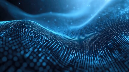 Abstract glowing blue particle wave surface illustrating big data analysis, network connection, artificial intelligence, and digital communication technology concept
