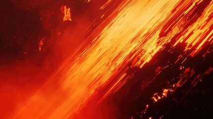 Molten lava stream carving a volcanic landscape, glowing red orange flow of magma showcasing raw heat, power and destructive energy of an active eruption