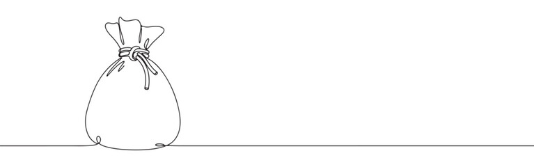 Continuous one line drawing of a money bag. Vector illustration of a sack tied with a rope isolated on white background. Minimalist finance concept