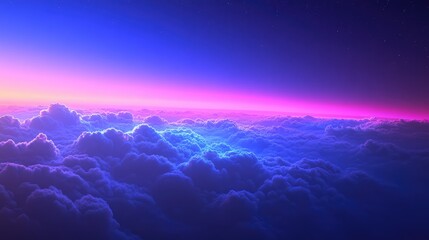 Layers of vibrant, gradient clouds creating an ethereal atmosphere with glowing light across a twilight sky, suggesting a serene and otherworldly landscape