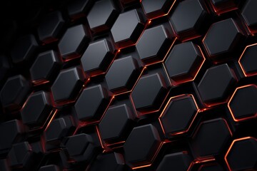 Intricate black hexagonal honeycomb pattern featuring illuminated edges, creating a dynamic and modern visual effect suitable for various applications