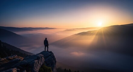 Fototapeta premium A person standing on a rocky outcrop, gazing at a stunning sunrise over a sea of fog in a mountainous landscape.