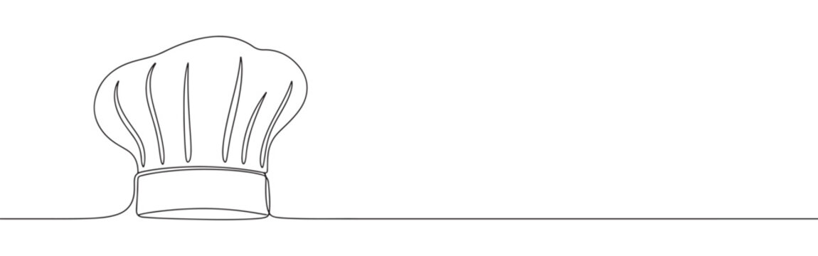 Continuous one line drawing of a chef hat. Vector illustration of a cook's uniform toque isolated on white background. Minimalist kitchen concept