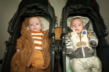 Two babies, presumably twins, are lying in a double stroller. Both infants are looking forward and wearing comfortable, warm clothes. They appear relaxed and content.
