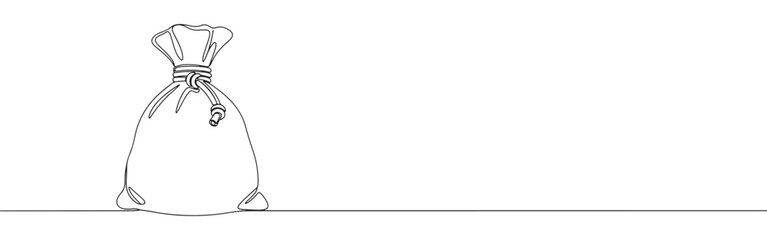 Continuous one line drawing of a money bag. Vector illustration of a sack tied with a rope isolated on white background. Minimalist finance concept