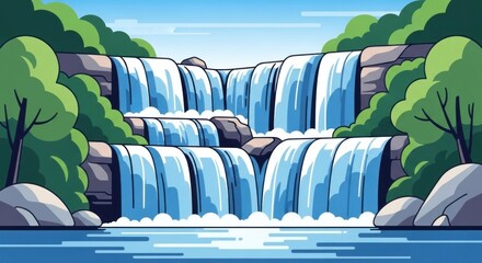 A picturesque waterfall cascading over a rocky ledge into a tranquil pool below, surrounded by lush greenery and a clear blue sky.