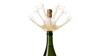 Isolated sparkling wine bottle exploding with splash, celebrating a momentous occasion