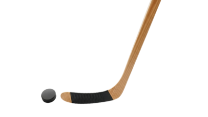 Isolated hockey stick and puck on a blank surface showing hockey gear without a backdrop for product photos