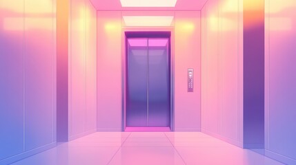 Modern elevator doors opening into a stylized hallway, featuring a smooth gradient of pink, purple, and blue hues, creating a retrofuturistic aesthetic journey