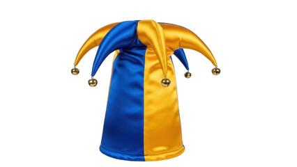 Isolated jester hat with bells, blue and gold festive headwear costume accessory design