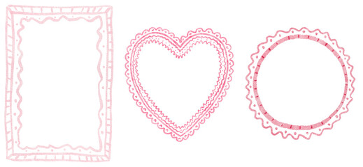 Hand-drawn watercolor set of delicate lace pink decorative frames: rectangle, pink heart. Romantic frames ideal for wedding stationery, valentine designs, invitations and scrapbooking.