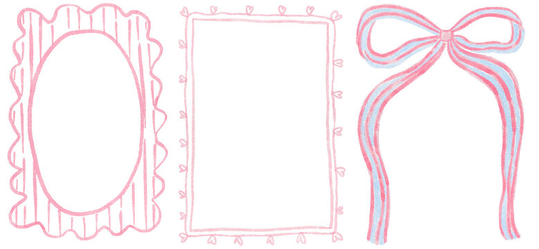 Hand-drawn watercolor set of delicate pink decorative frames: scalloped rectangle, pink and blue bow. Romantic frames ideal for wedding stationery, valentine designs, invitations and scrapbooking.