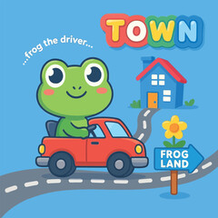Cute Cartoon Frog Driving Red Truck Through Town Adventure