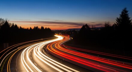 Fototapeta premium A winding highway at dusk with streaks of light from vehicles, trees silhouetted against the sky, and a distant city skyline.