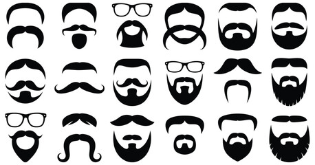 Mustache beard styles vector set collection, featuring various masculine and hipster facial hair designs, ideal for barber shop branding, grooming products