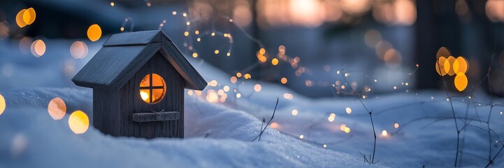 Naklejka premium A tiny wooden house glows warmly amidst a magical winter wonderland scene
