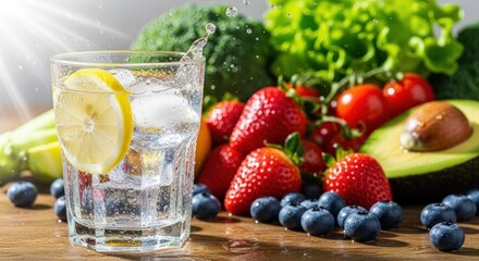 A glass of water with ice cubes and lemon slices, surrounded by fresh fruits and vegetables, including strawberries, blueberries, and avocados, on a wooden table with a sunlit background.