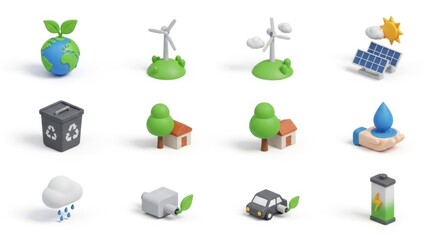 A set of 12 green and white isometric icons representing different environmental and sustainable concepts.