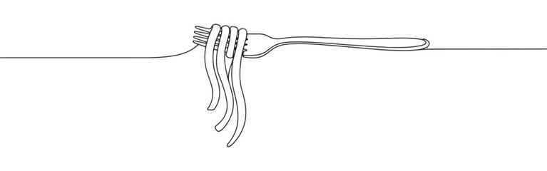 Continuous one line drawing of pasta on a fork. Vector illustration of Italian spaghetti noodle isolated on white background. Minimalist food concept