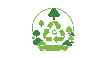 A green and red circular logo with a recycling symbol inside, surrounded by trees and a grassy hill.