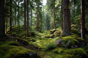Obraz premium Scandinavian forest filled with lush green trees and moss-covered rocks during a tranquil afternoon light