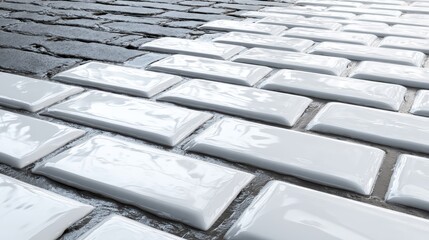 Fototapeta premium Close up view of gleaming white subway tiles