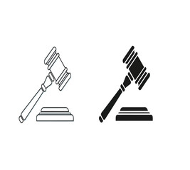A simple illustration depicting two gavel icons one outlined and the other solid black representing justice and legal proceedings